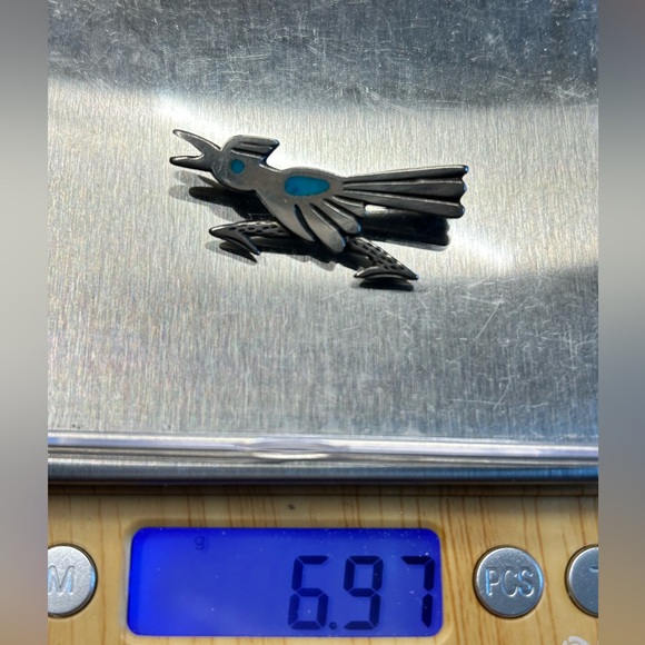 Vintage Unmarked Sterling Silver Native Turquoise Inlay Roadrunner Pin Brooch - Picture 5 of 5